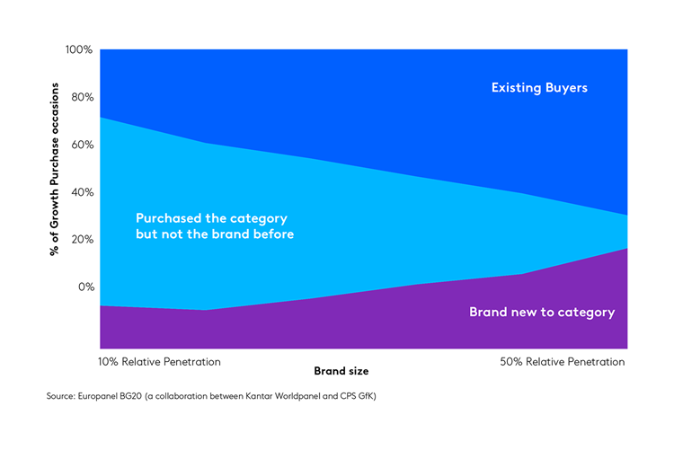 When small brands grow, most of their increase in purchase occasions comes from existing category buyers, who never tried their brand before. 