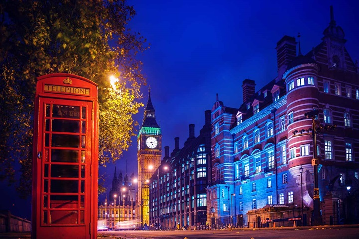 Phone box and Big Ben at night